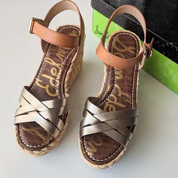 New! SAM EDELMAN Darline Gold Leather Espadrilles Wedge Sandals Heel Size 9.5 - Picture 8 of 16